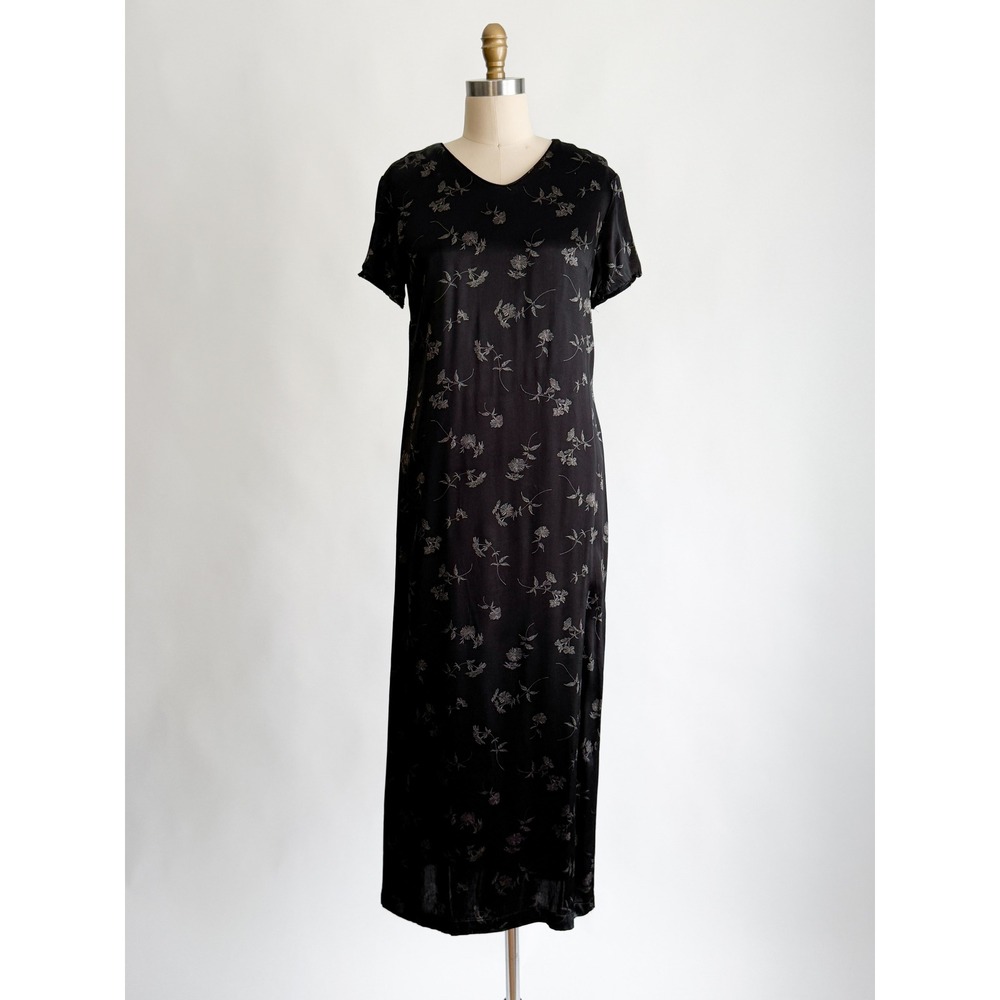 90s Vintage Gap Floral Maxi Dress 8 Black Silver Rayon V-Neck Short Sleeve Satin